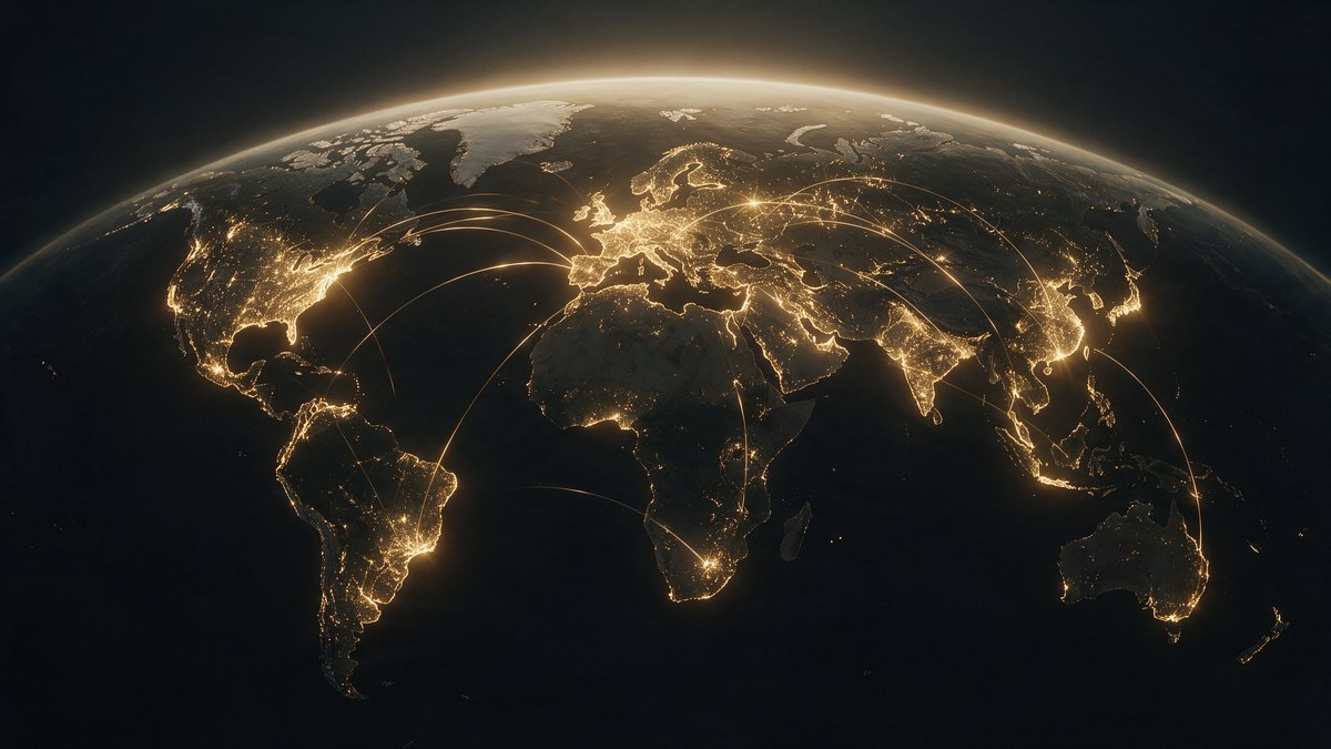 Conexões globais de pagamentos instantâneos — Terra escura com continentes dourados ligados por arcos de luz.